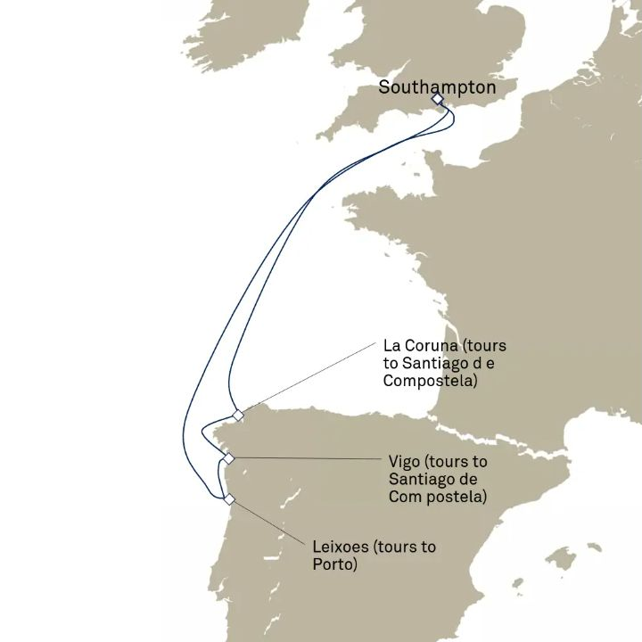 Queen Victoria Voyage V811 itinerary map from Southampton, England, UK to Southampton, England, UK