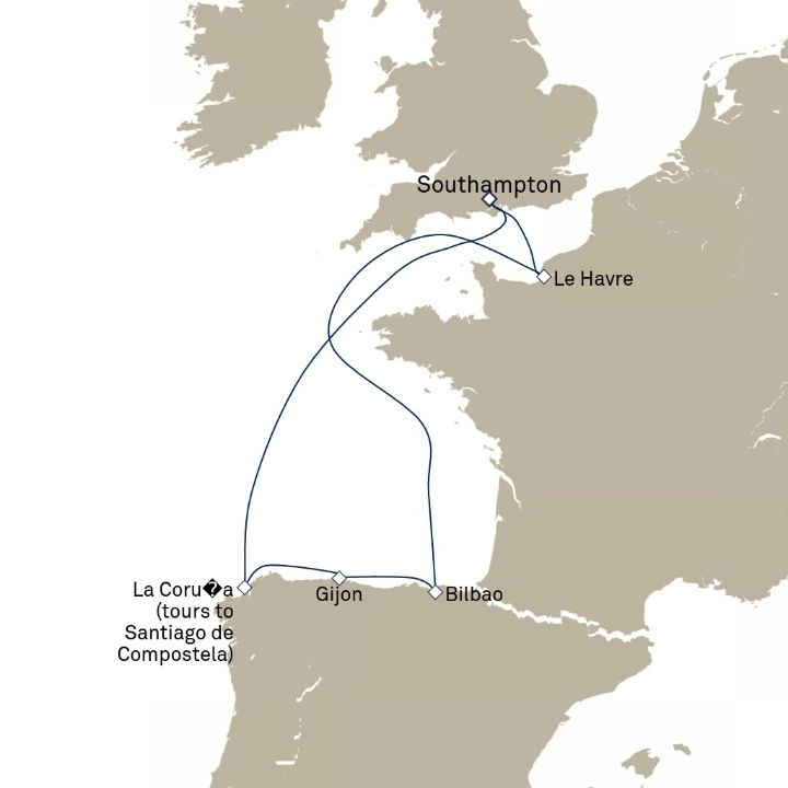 Queen Victoria Voyage V809 itinerary map from Southampton, England, UK to Southampton, England, UK