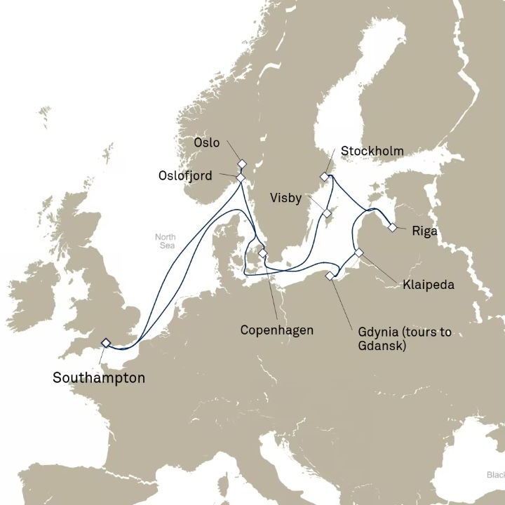 Queen Victoria Voyage V819 itinerary map from Southampton, England, UK to Southampton, England, UK