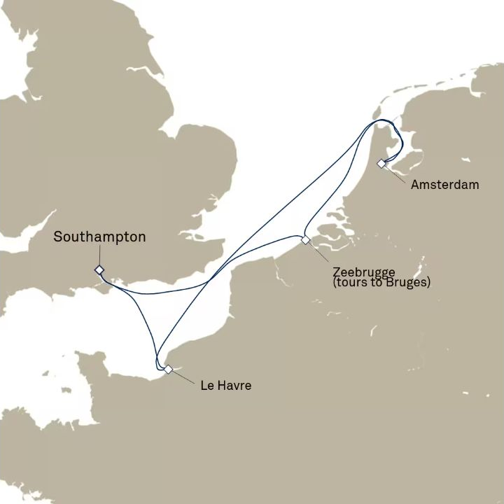 Queen Victoria Voyage V901 itinerary map from Southampton, England, UK to Southampton, England, UK