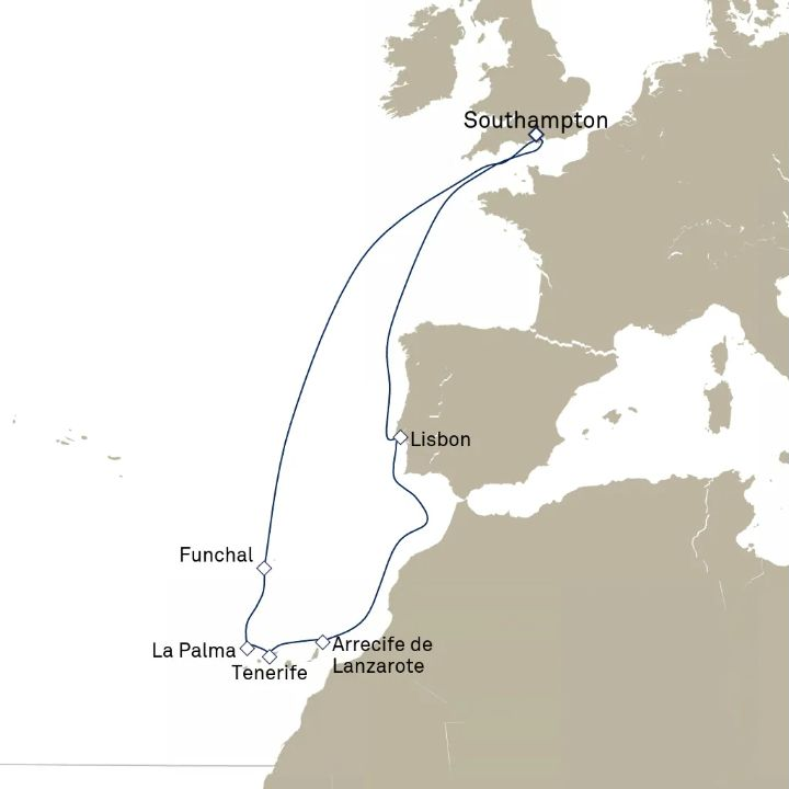 Queen Victoria Voyage V803 itinerary map from Southampton, England, UK to Southampton, England, UK