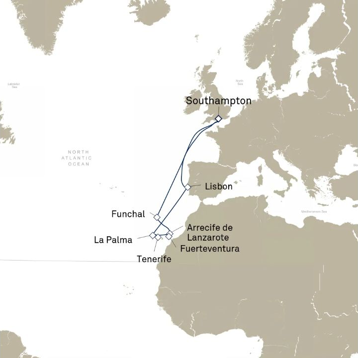 Queen Victoria Voyage V805 itinerary map from Southampton, England, UK to Southampton, England, UK