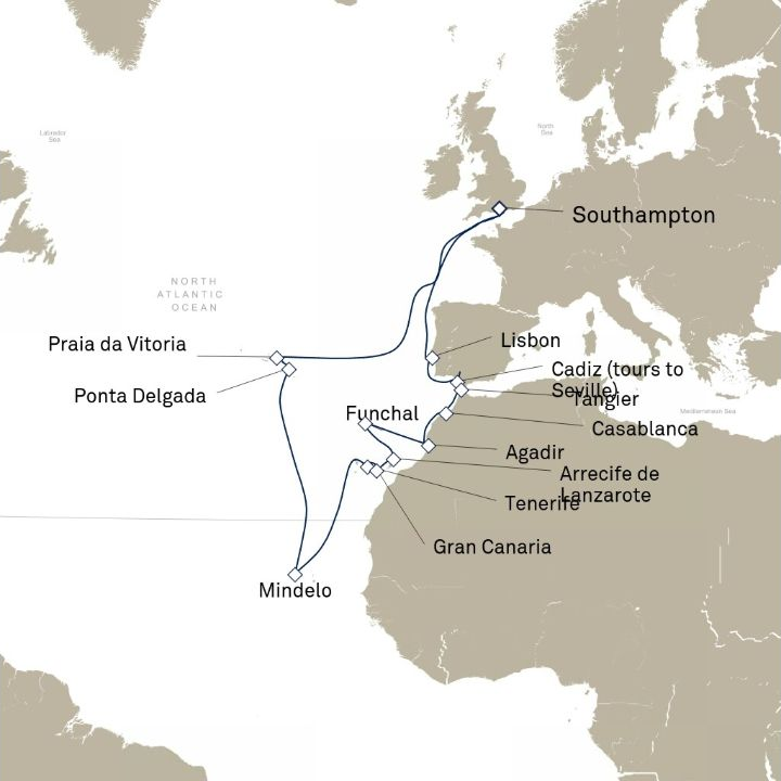 Queen Victoria Voyage V802 itinerary map from Southampton, England, UK to Southampton, England, UK