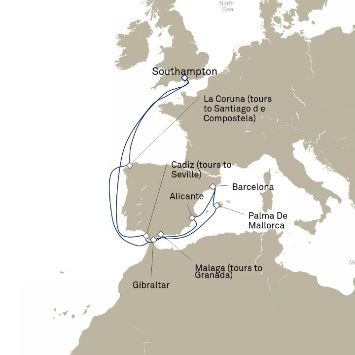 Queen Victoria Voyage V817 itinerary map from Southampton, England, UK to Southampton, England, UK