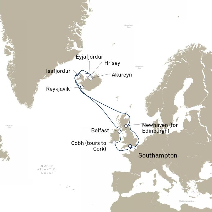 Queen Victoria Voyage V816 itinerary map from Southampton, England, UK to Southampton, England, UK