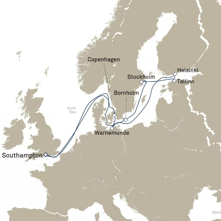 Queen Victoria Voyage V815 itinerary map from Southampton, England, UK to Southampton, England, UK