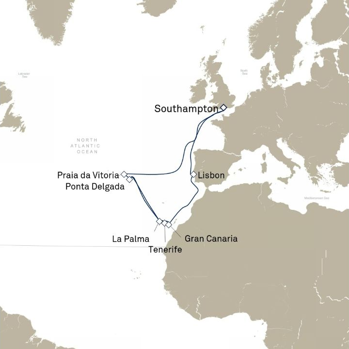 Queen Victoria Voyage V807 itinerary map from Southampton, England, UK to Southampton, England, UK