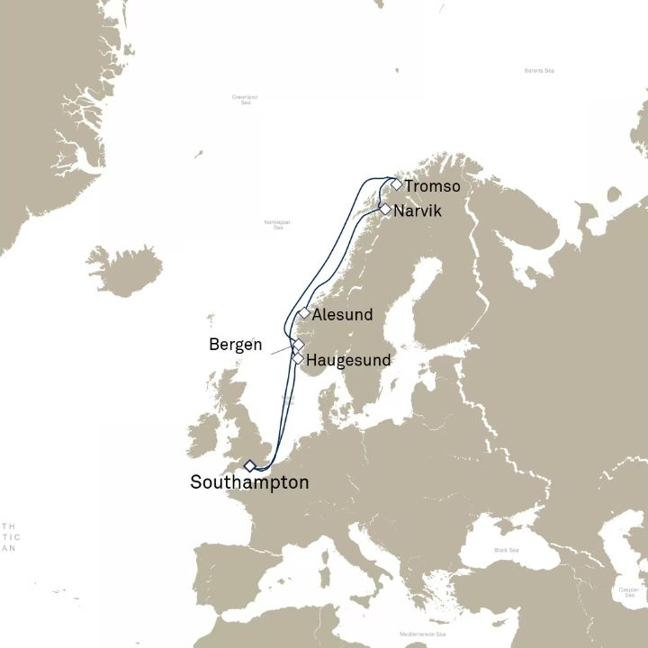 Queen Victoria Voyage V806 itinerary map from Southampton, England, UK to Southampton, England, UK