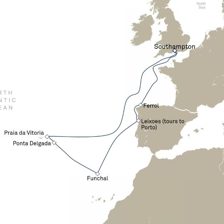 Queen Victoria Voyage V813 itinerary map from Southampton, England, UK to Southampton, England, UK