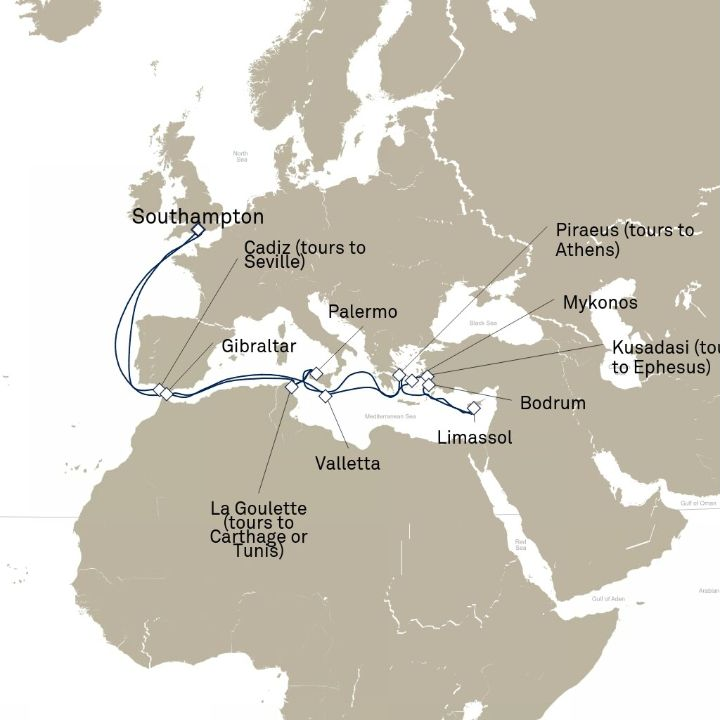 Queen Victoria Voyage V814 itinerary map from Southampton, England, UK to Southampton, England, UK