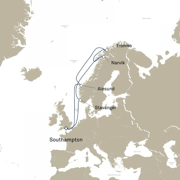 Queen Victoria Voyage V825 itinerary map from Southampton, England, UK to Southampton, England, UK