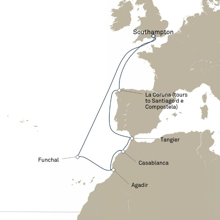 Queen Victoria Voyage V826 itinerary map from Southampton, England, UK to Southampton, England, UK