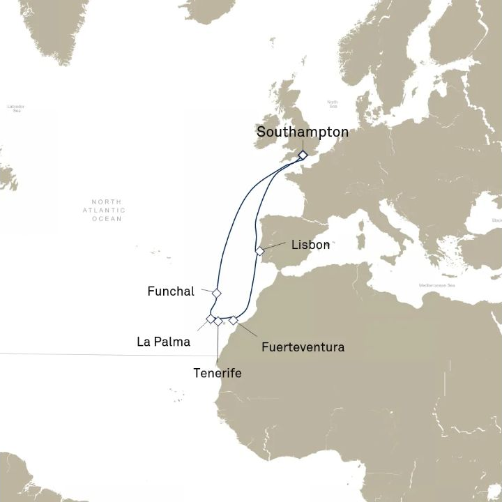 Queen Victoria Voyage V824 itinerary map from Southampton, England, UK to Southampton, England, UK