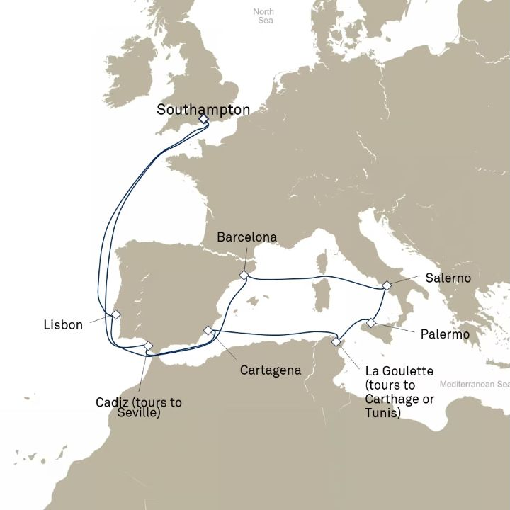 Queen Victoria Voyage V823 itinerary map from Southampton, England, UK to Southampton, England, UK