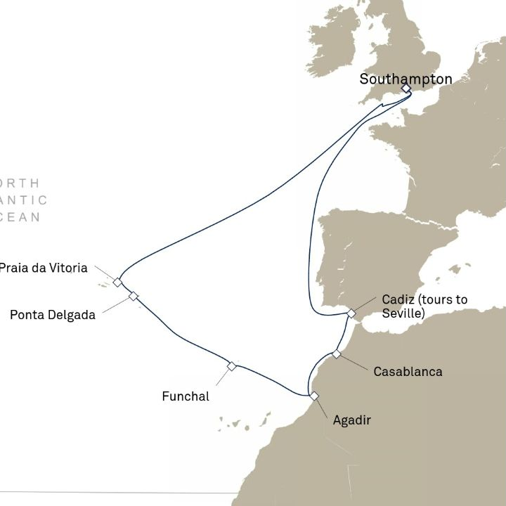 Queen Victoria Voyage V822 itinerary map from Southampton, England, UK to Southampton, England, UK