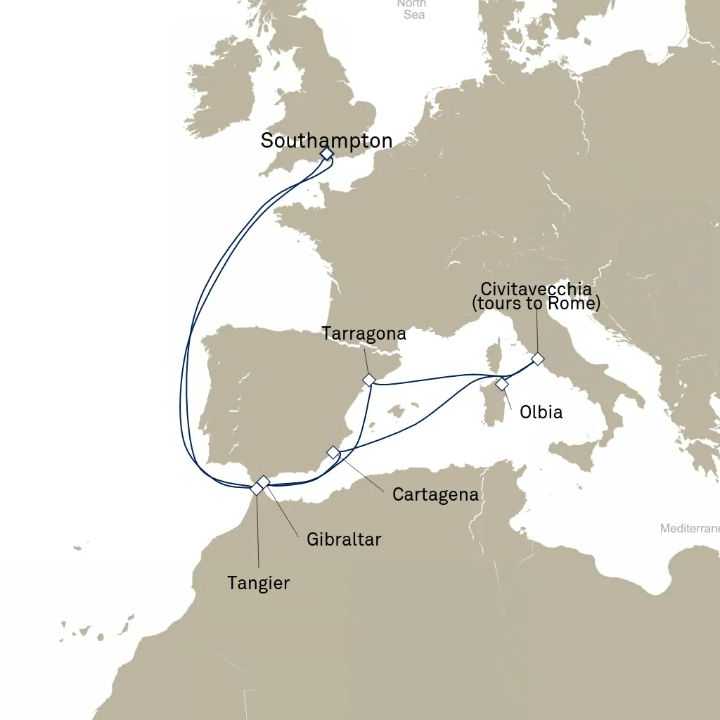 Queen Victoria Voyage V820 itinerary map from Southampton, England, UK to Southampton, England, UK