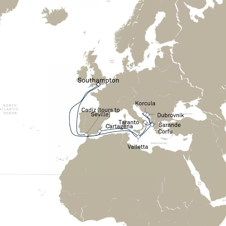 Queen Victoria Voyage V821 itinerary map from Southampton, England, UK to Southampton, England, UK