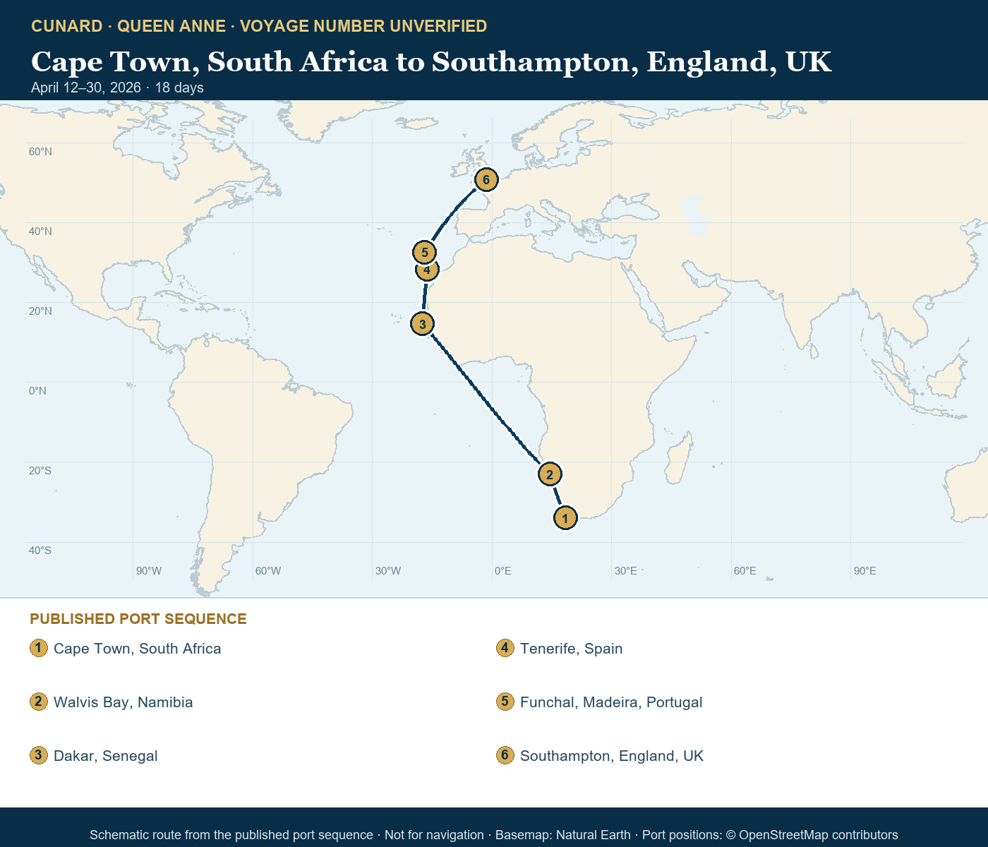 Queen Anne voyage number unverified itinerary route map for Cape Town, South Africa to Southampton, England, UK