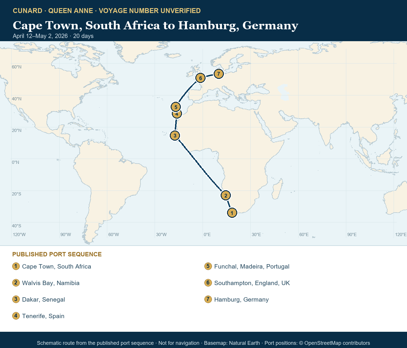 Queen Anne voyage number unverified itinerary route map for Cape Town, South Africa to Hamburg, Germany