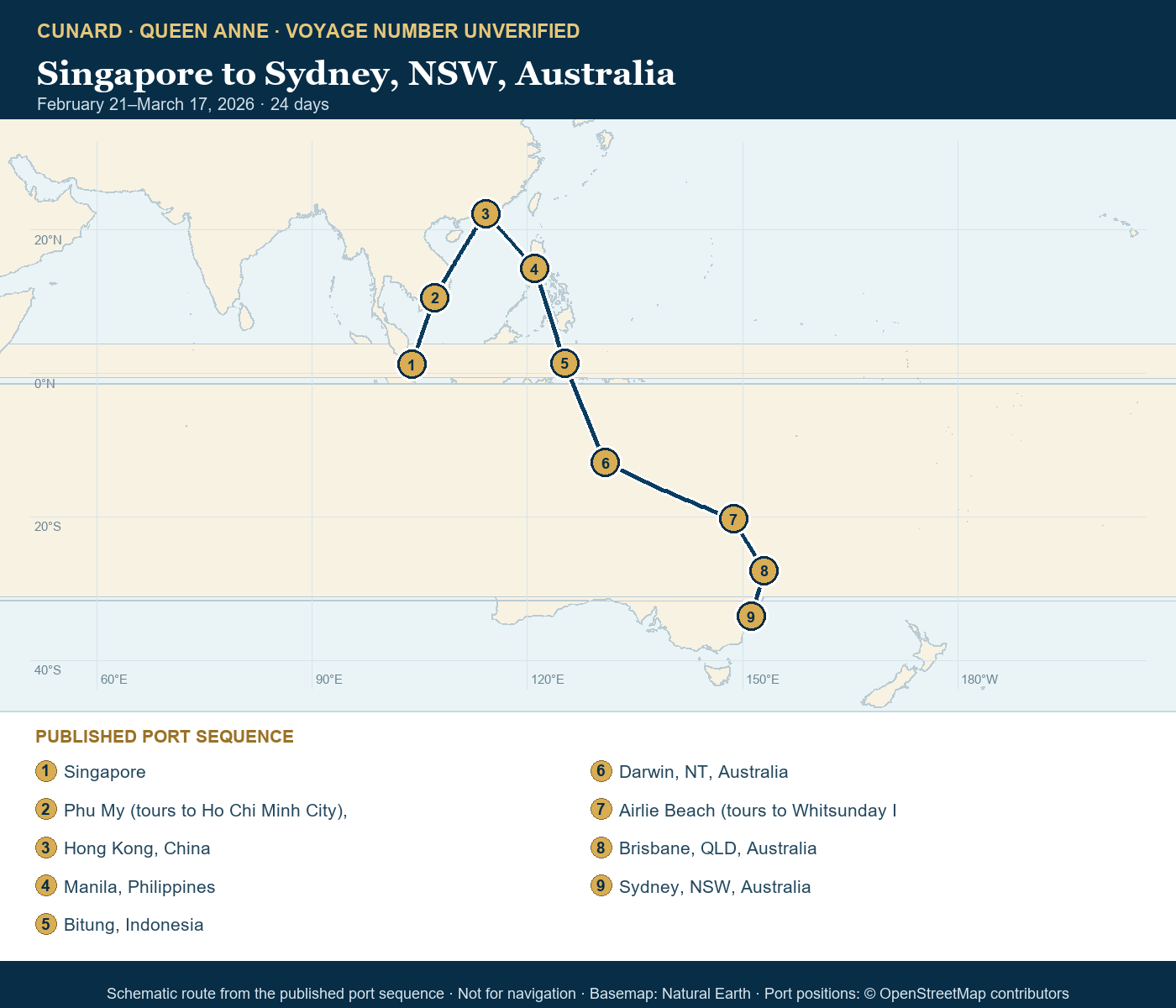 Queen Anne voyage number unverified itinerary route map for Singapore to Sydney, NSW, Australia
