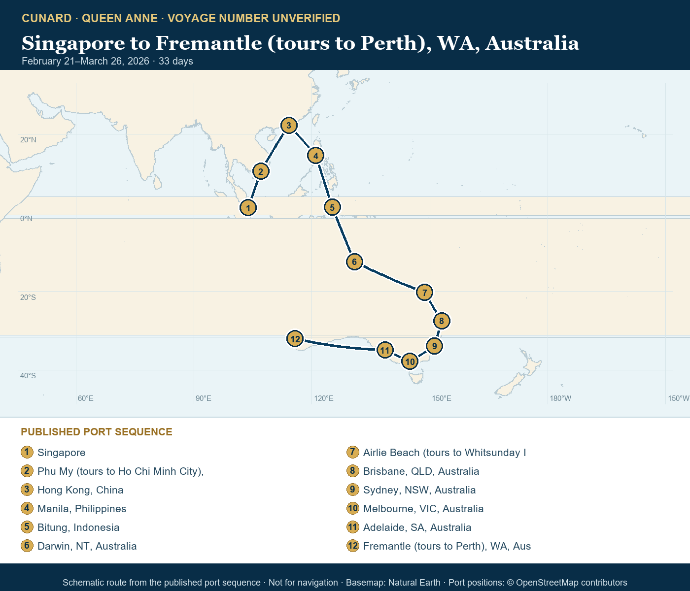 Queen Anne voyage number unverified itinerary route map for Singapore to Fremantle (tours to Perth), WA, Australia