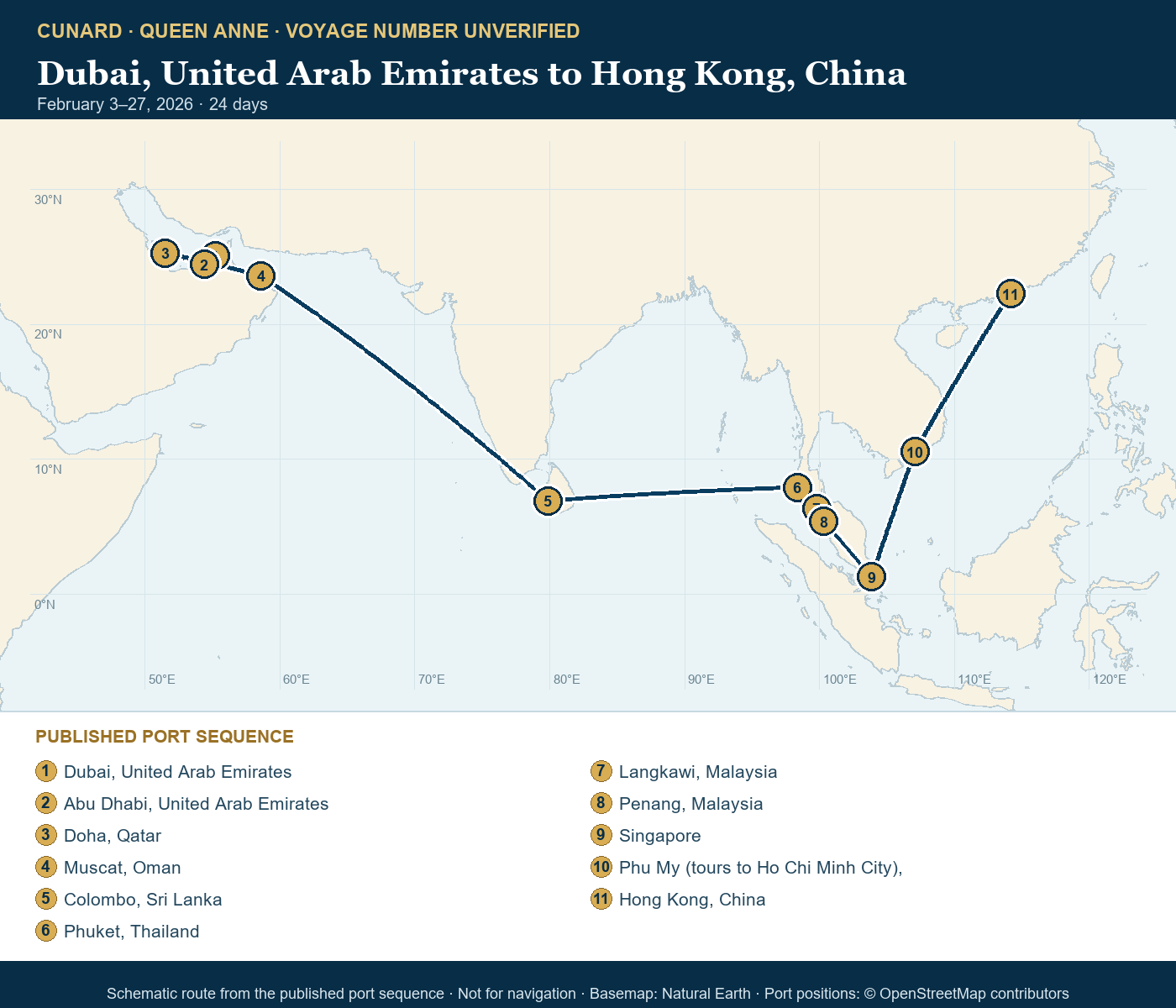 Queen Anne voyage number unverified itinerary route map for Dubai, United Arab Emirates to Hong Kong, China