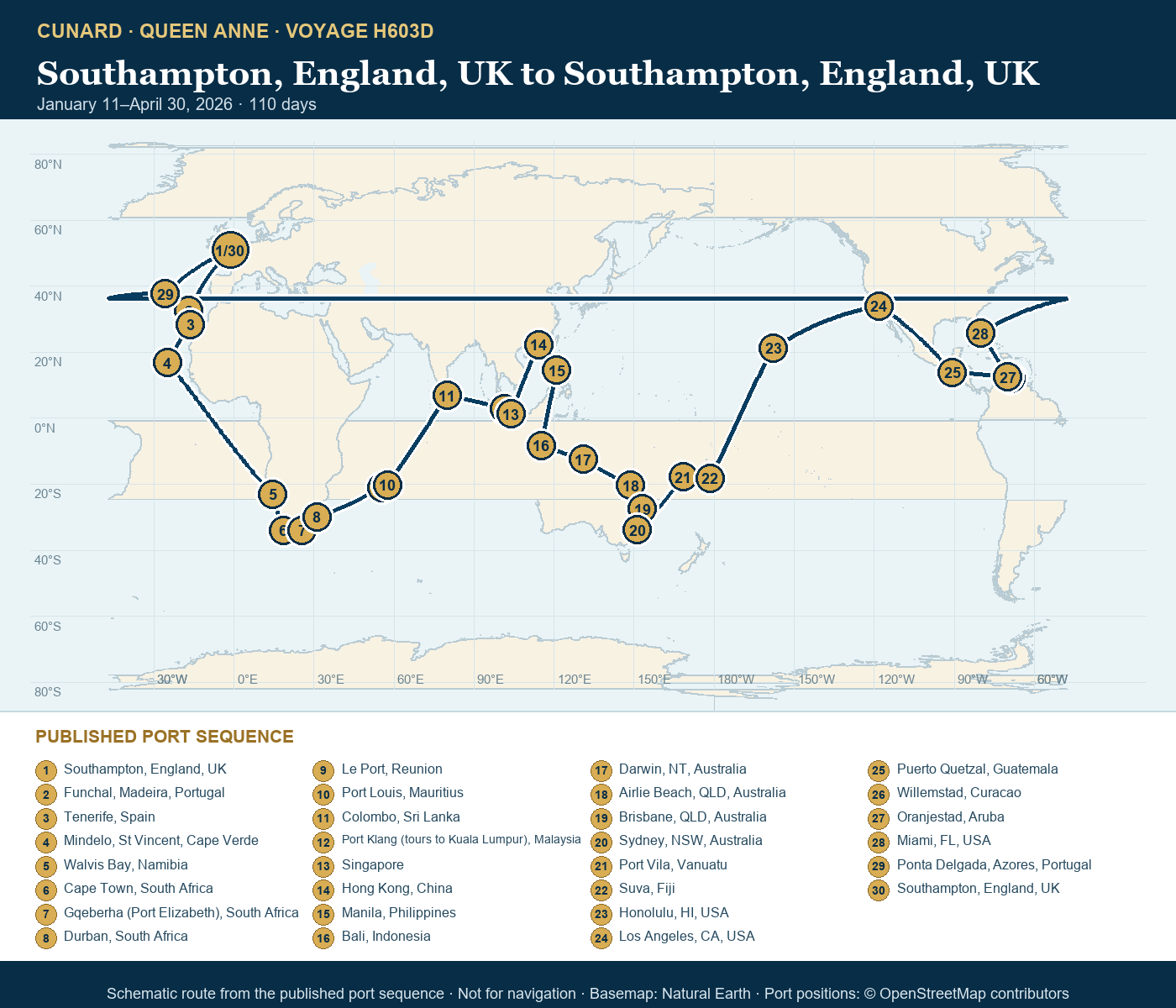 Queen Anne Voyage H603D itinerary route map for Southampton, England, UK to Southampton, England, UK