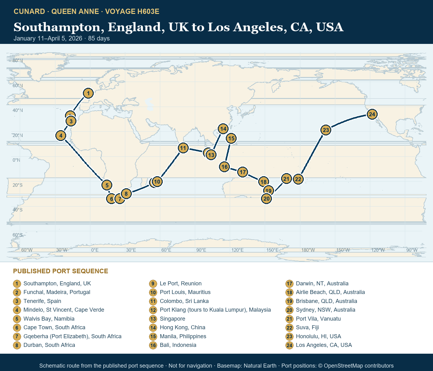 Queen Anne Voyage H603E itinerary route map for Southampton, England, UK to Los Angeles, CA, USA