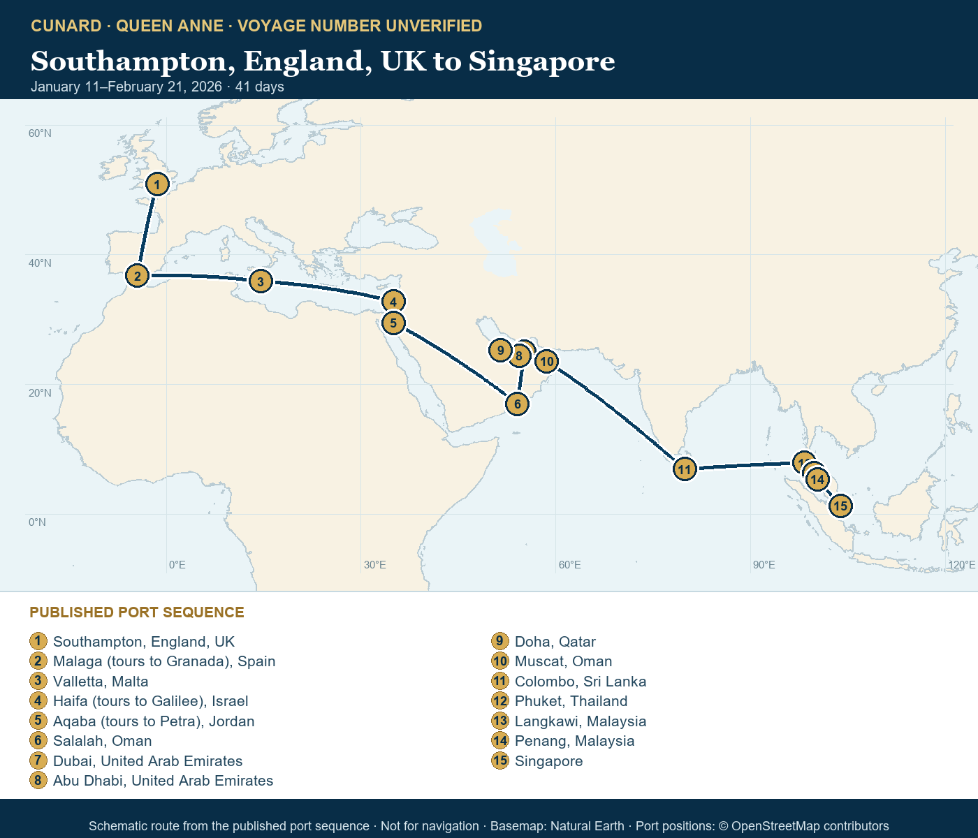 Queen Anne voyage number unverified itinerary route map for Southampton, England, UK to Singapore