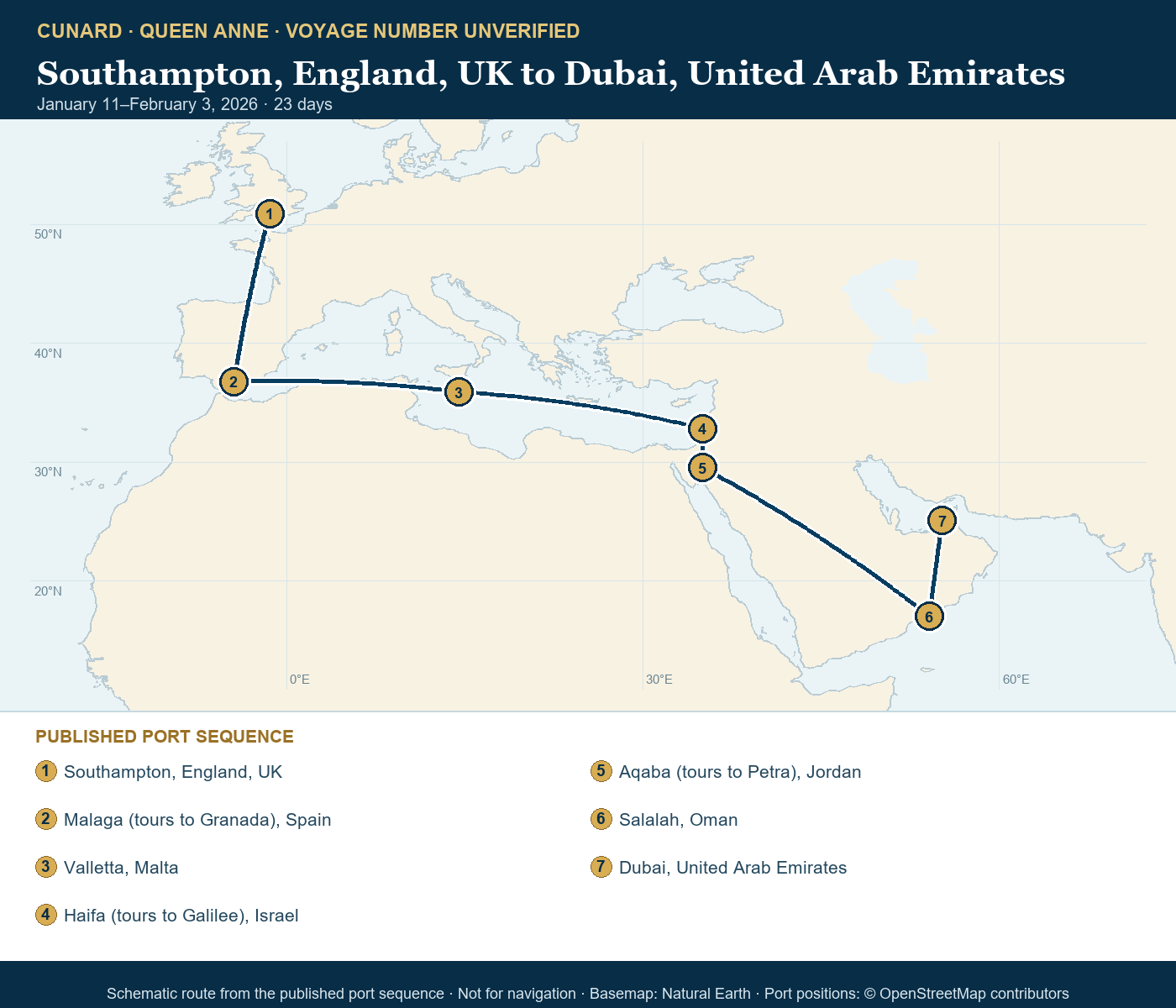 Queen Anne voyage number unverified itinerary route map for Southampton, England, UK to Dubai, United Arab Emirates