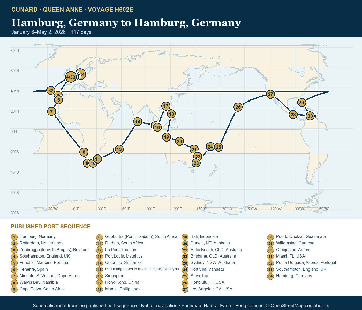 Queen Anne Voyage H602E itinerary route map for Hamburg, Germany to Hamburg, Germany
