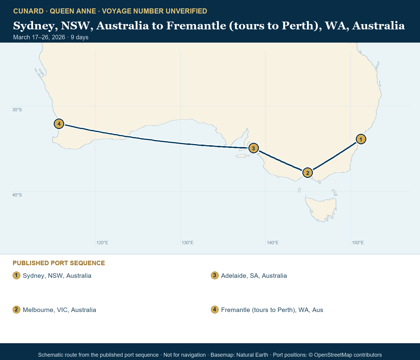 Queen Anne voyage number unverified itinerary route map for Sydney, NSW, Australia to Fremantle (tours to Perth), WA, Australia