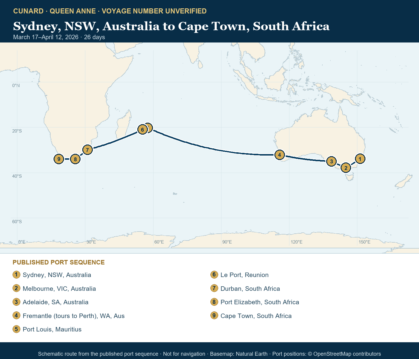 Queen Anne voyage number unverified itinerary route map for Sydney, NSW, Australia to Cape Town, South Africa