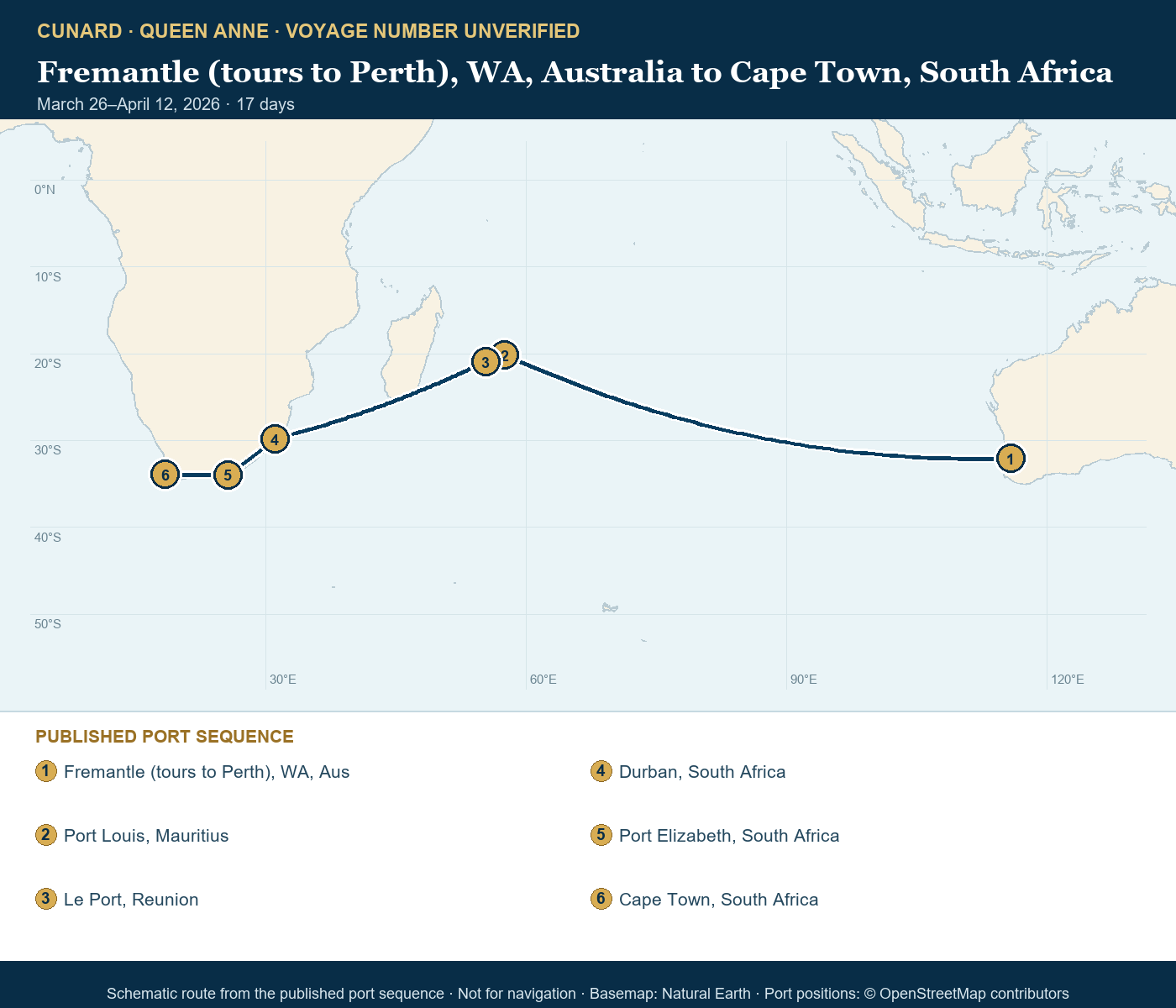 Queen Anne voyage number unverified itinerary route map for Fremantle (tours to Perth), WA, Australia to Cape Town, South Africa