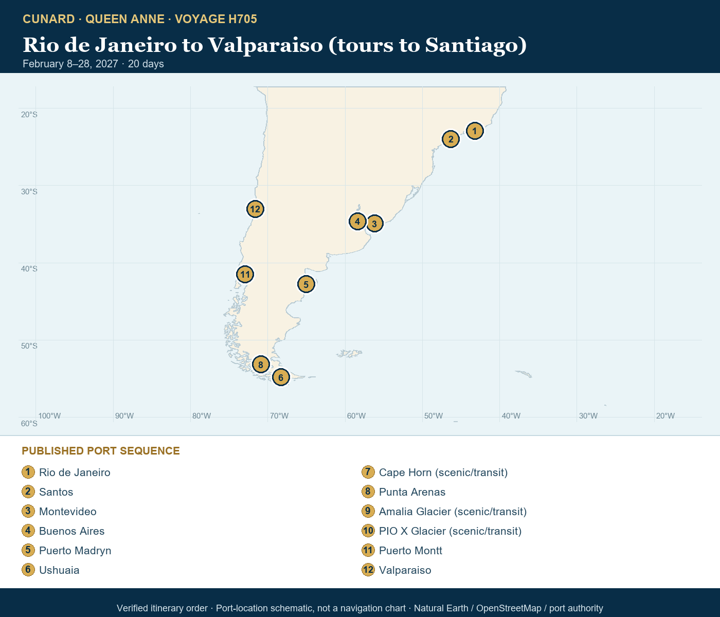 Queen Anne Voyage H705 itinerary map, Rio de Janeiro, Brazil, Santos (tours to Sao Paulo), Brazil, Montevideo, Uruguay, Buenos Aires, Argentina, Puerto Madryn, Argentina, Ushuaia, Argentina, Cape Horn, Chile (Sail By), Punta Arenas, Chile, Amalia Glacier, Chile (Scenic Cruising), PIO X Glacier, Chile (Scenic Cruising), Puerto Montt, Chile, Valparaiso (tours to Santiago), Chile