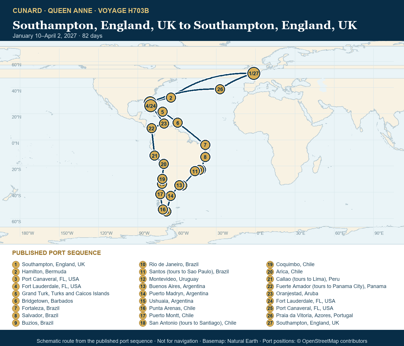 Queen Anne Voyage H703B itinerary route map for Southampton, England, UK to Southampton, England, UK