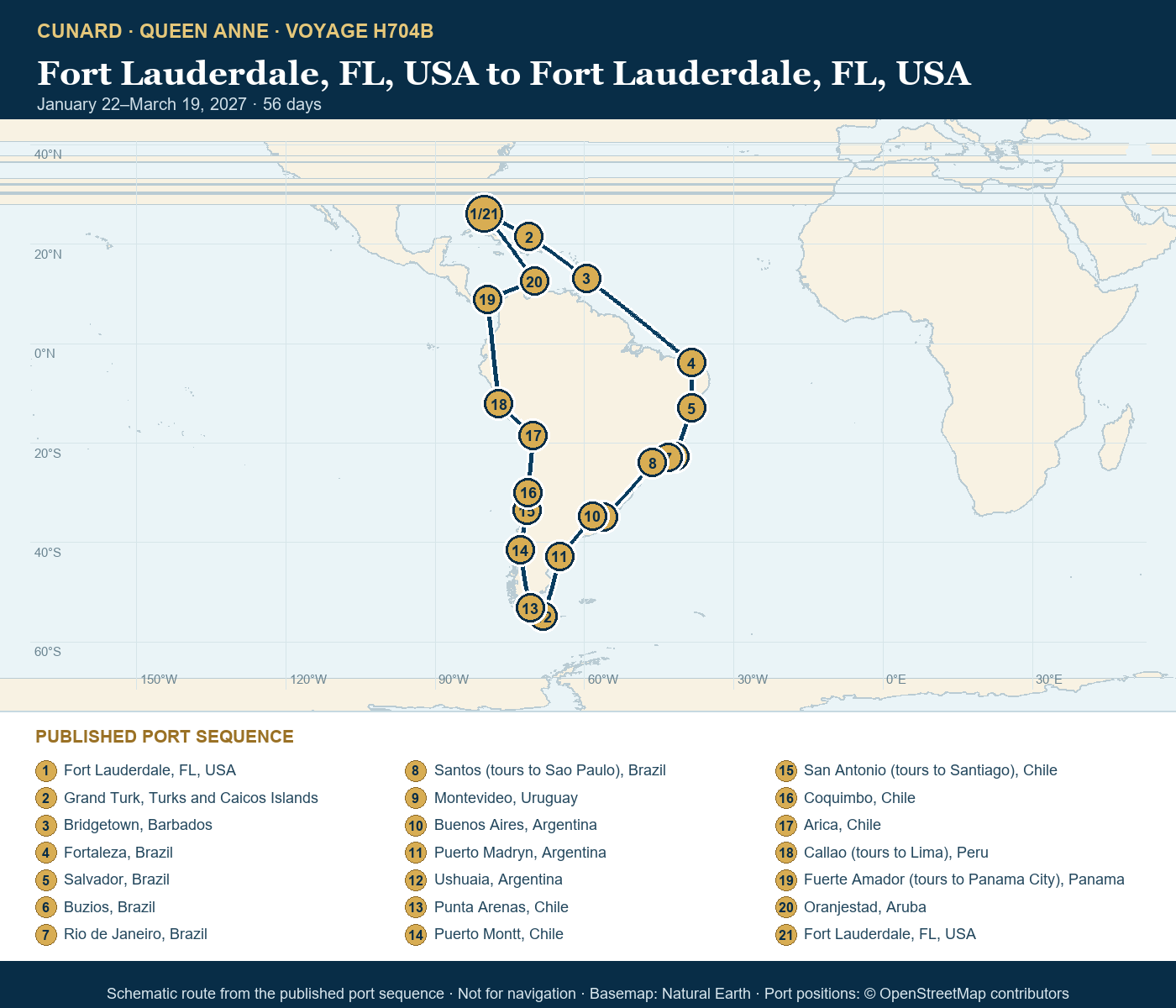 Queen Anne Voyage H704B itinerary route map for Fort Lauderdale, FL, USA to Fort Lauderdale, FL, USA