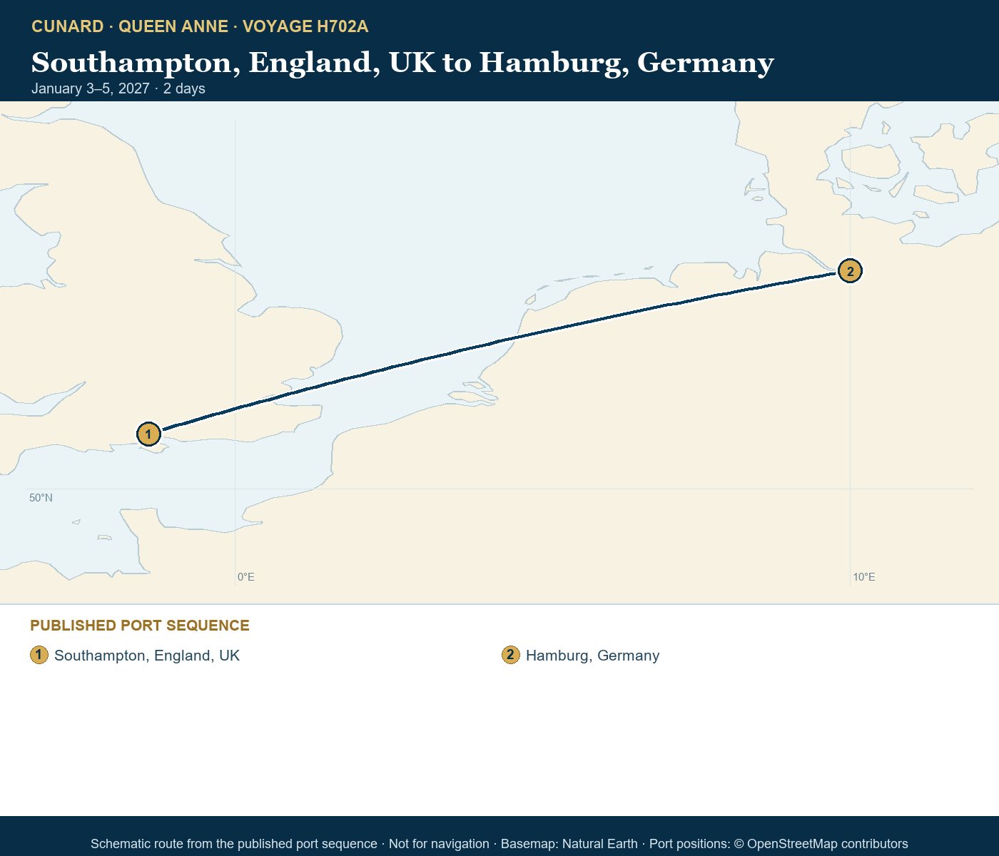 Queen Anne Voyage H702A itinerary route map for Southampton, England, UK to Hamburg, Germany