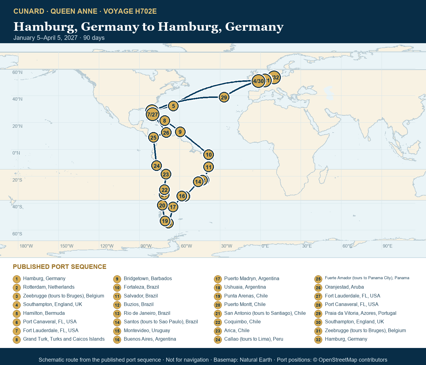 Queen Anne Voyage H702E itinerary route map for Hamburg, Germany to Hamburg, Germany