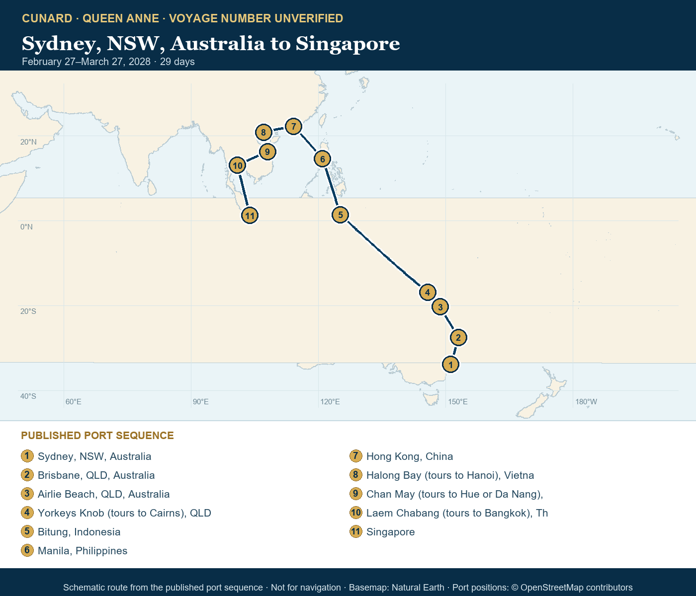 Queen Anne voyage number unverified itinerary route map for Sydney, NSW, Australia to Singapore