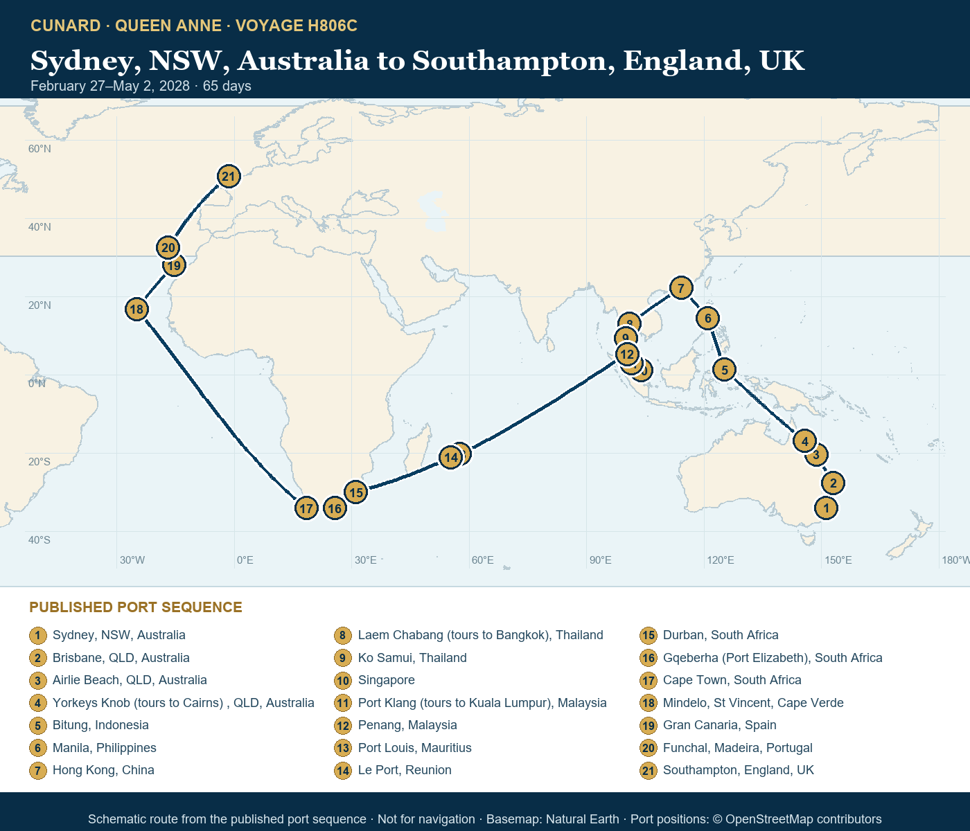 Queen Anne Voyage H806C itinerary route map for Sydney, NSW, Australia to Southampton, England, UK
