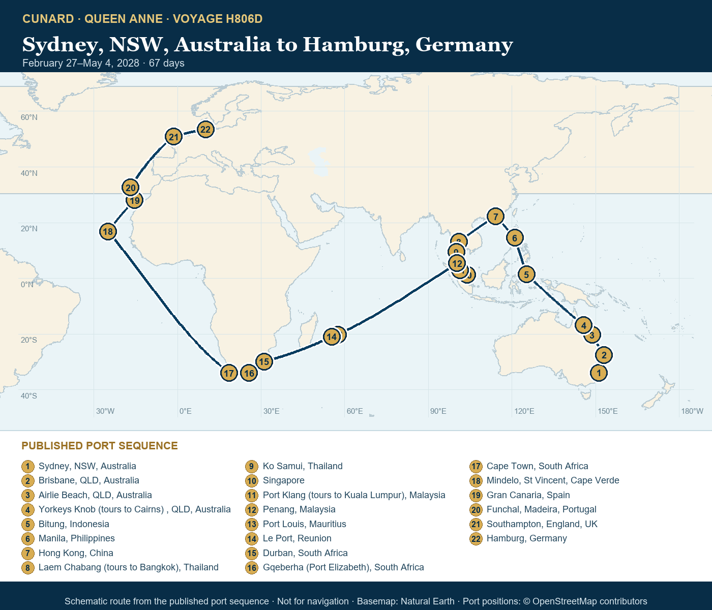 Queen Anne Voyage H806D itinerary route map for Sydney, NSW, Australia to Hamburg, Germany