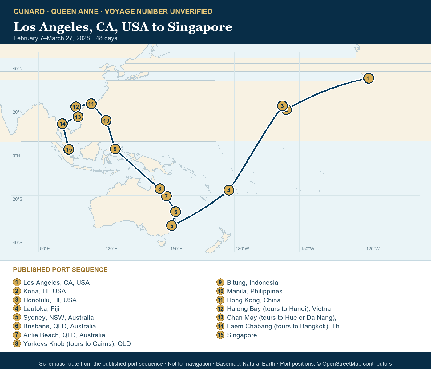 Queen Anne voyage number unverified itinerary route map for Los Angeles, CA, USA to Singapore