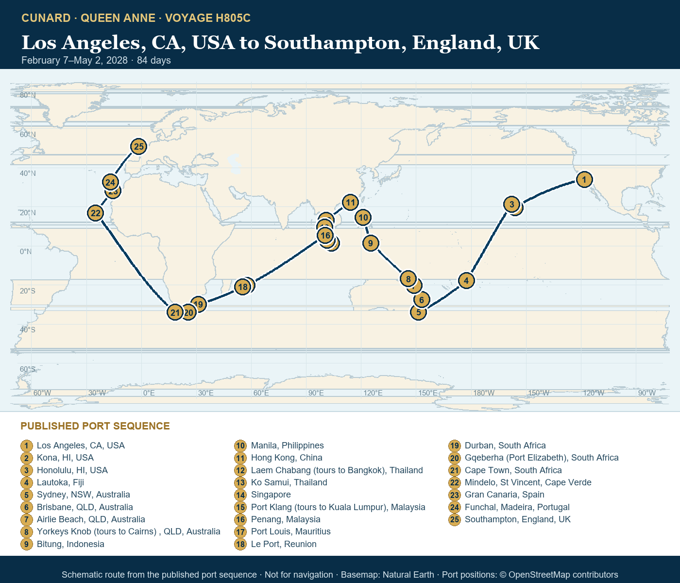 Queen Anne Voyage H805C itinerary route map for Los Angeles, CA, USA to Southampton, England, UK