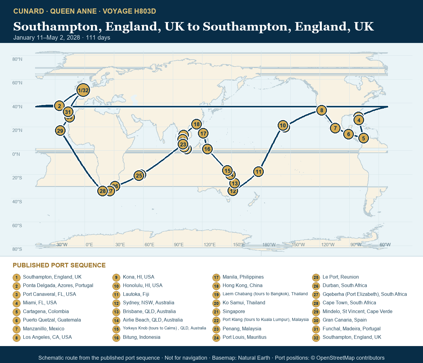 Queen Anne Voyage H803D itinerary route map for Southampton, England, UK to Southampton, England, UK