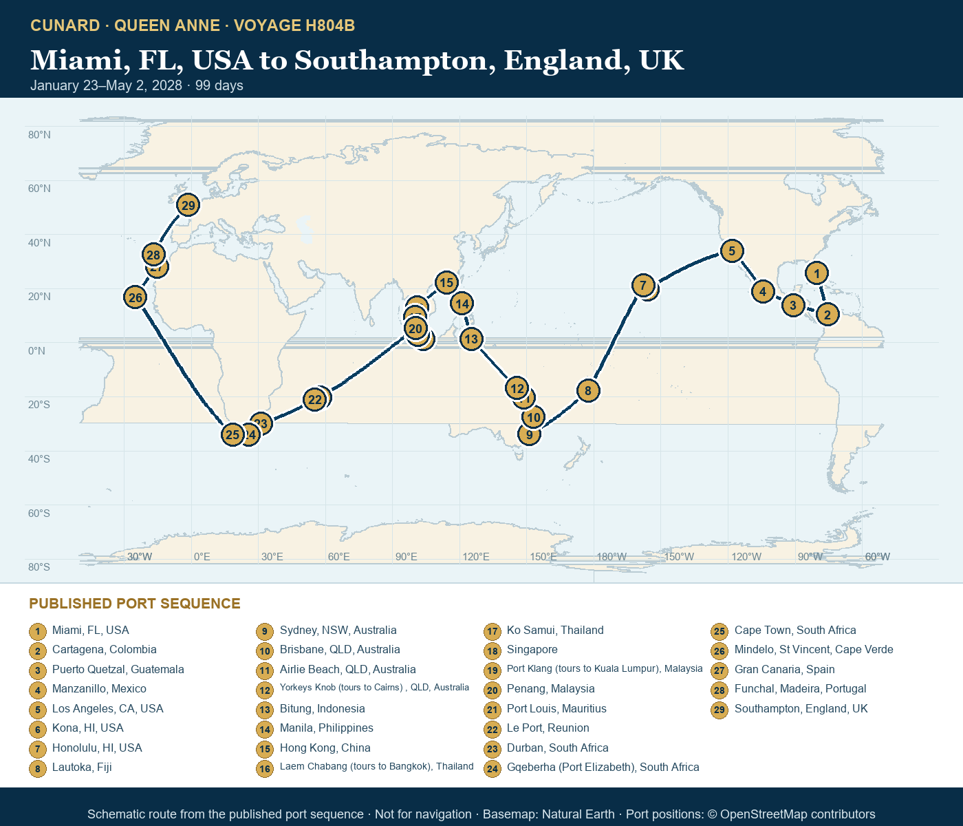 Queen Anne Voyage H804B itinerary route map for Miami, FL, USA to Southampton, England, UK