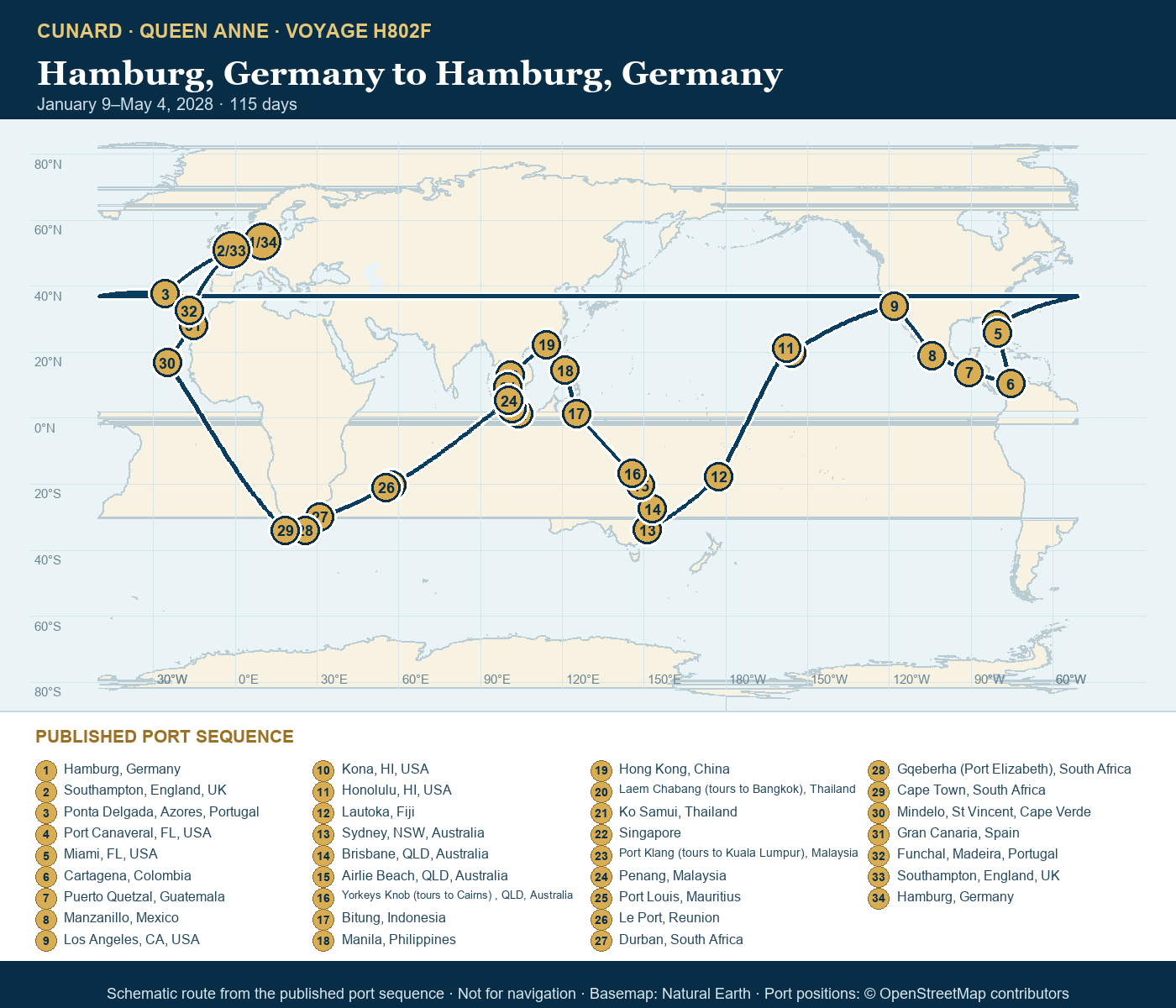 Queen Anne Voyage H802F itinerary route map for Hamburg, Germany to Hamburg, Germany