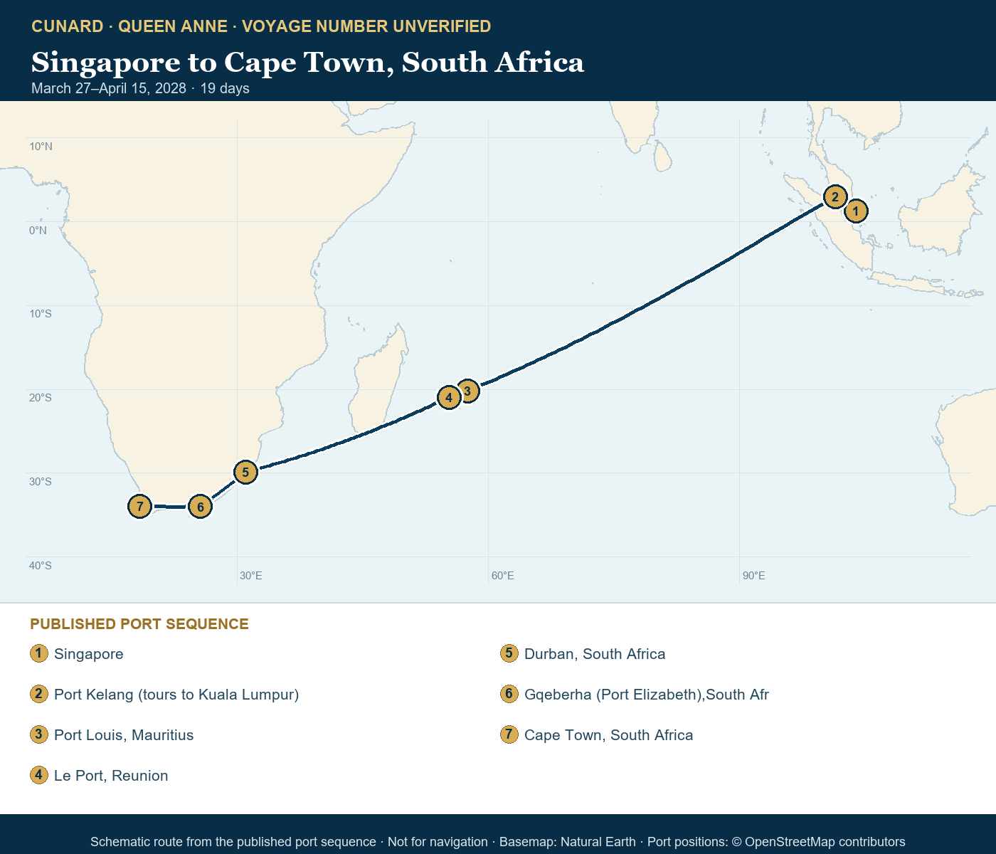 Queen Anne voyage number unverified itinerary route map for Singapore to Cape Town, South Africa