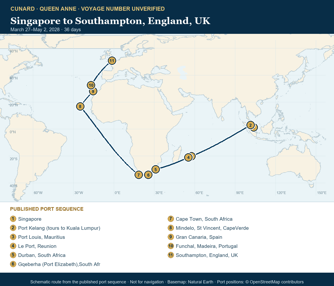 Queen Anne voyage number unverified itinerary route map for Singapore to Southampton, England, UK
