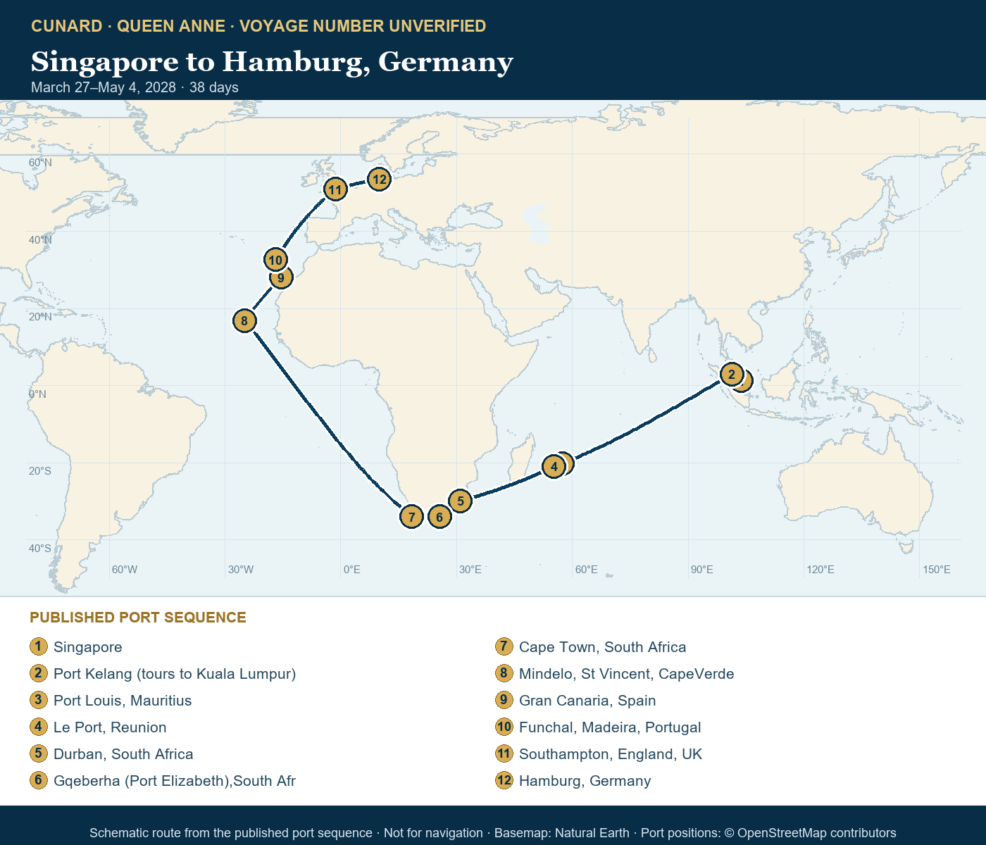 Queen Anne voyage number unverified itinerary route map for Singapore to Hamburg, Germany
